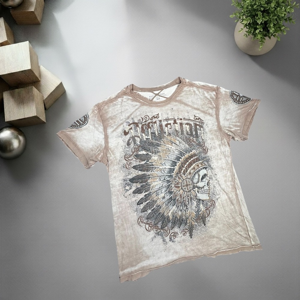 Affliction Mens T Shirt XL Brown Graphic Skull Headdress Distressed Y2K Grunge